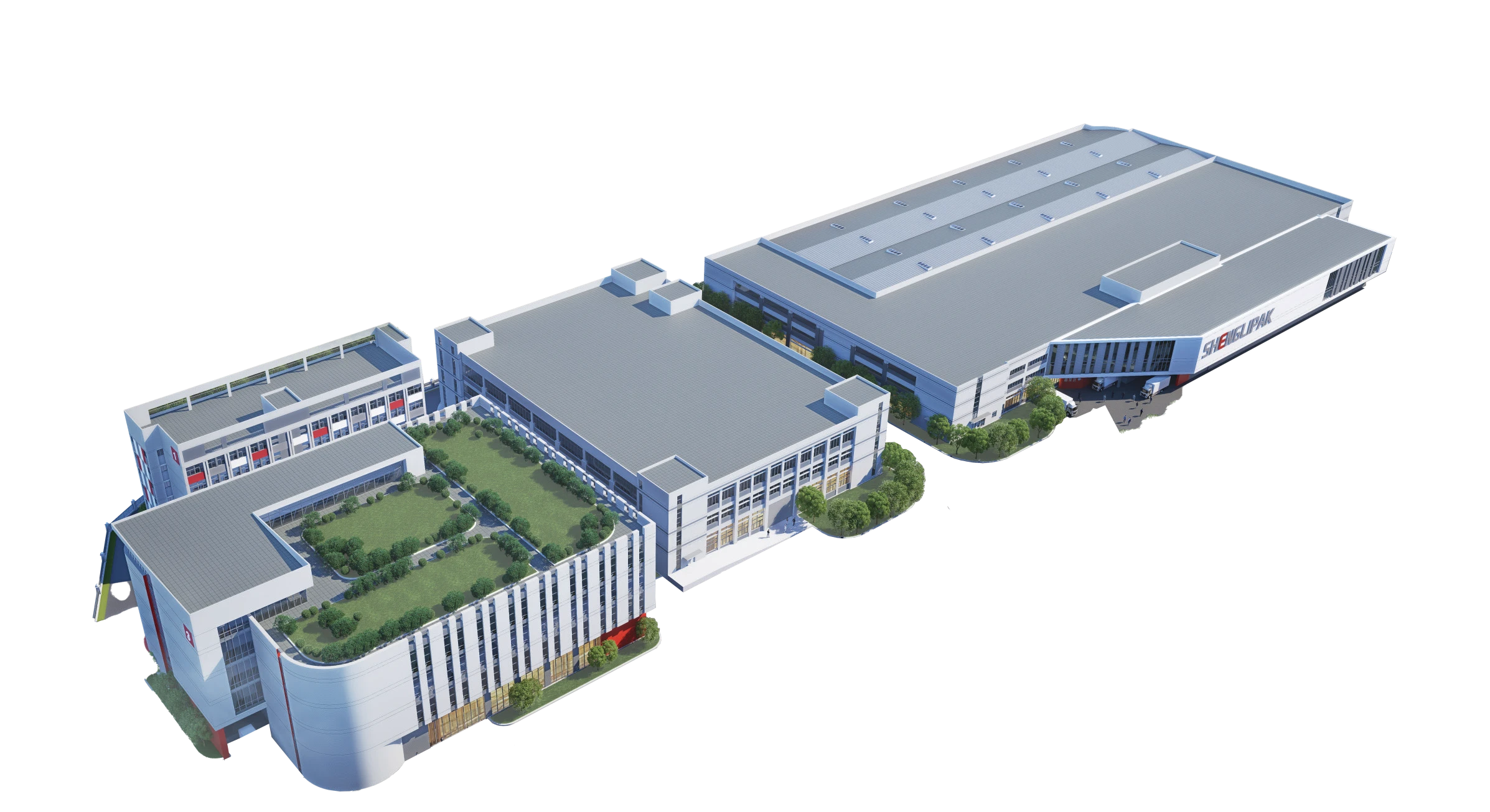 Architectural illustration of the Shengli Pak factory campus from the company catalogue